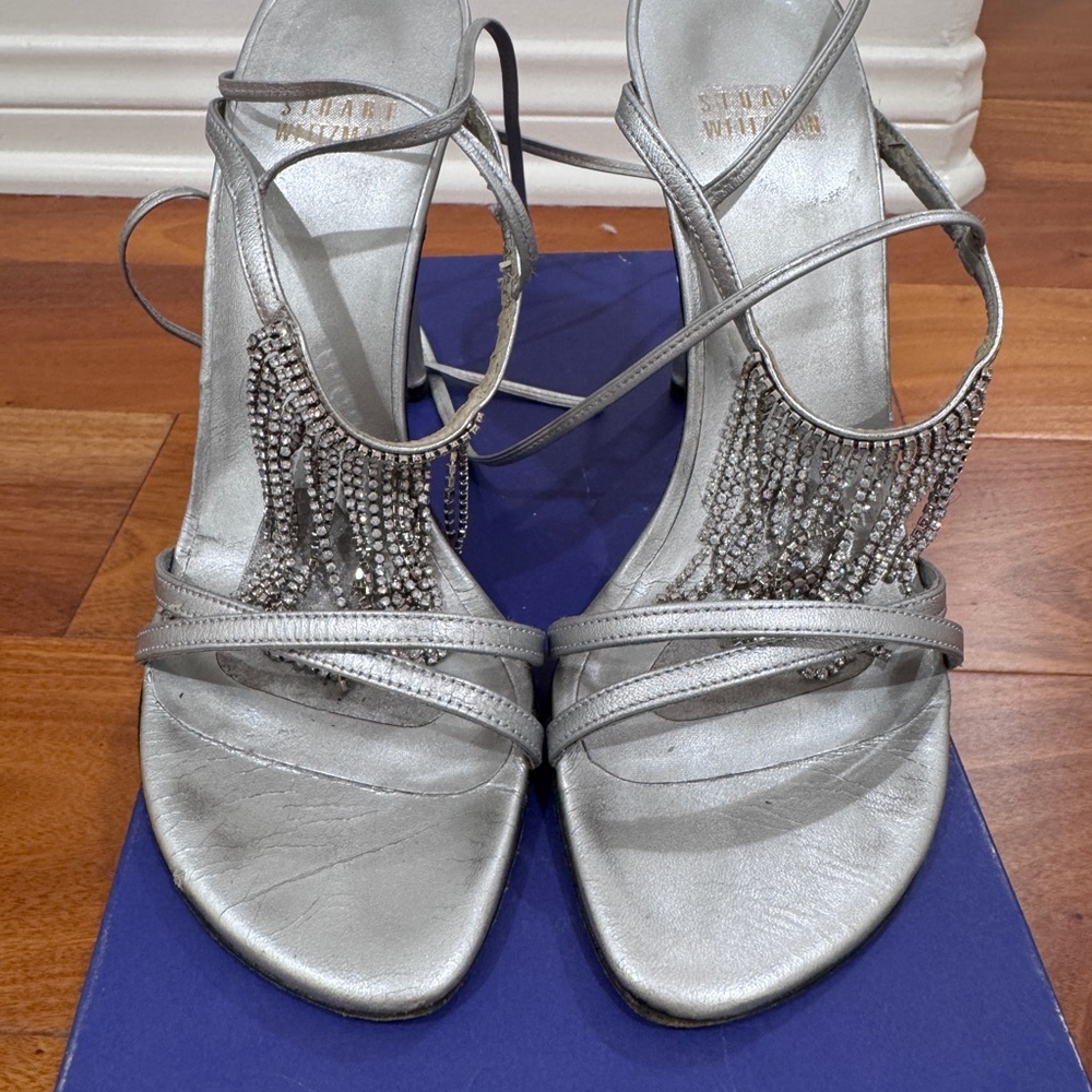 Stuart Weitzman Silver Beaded Fringe Strappy Heels